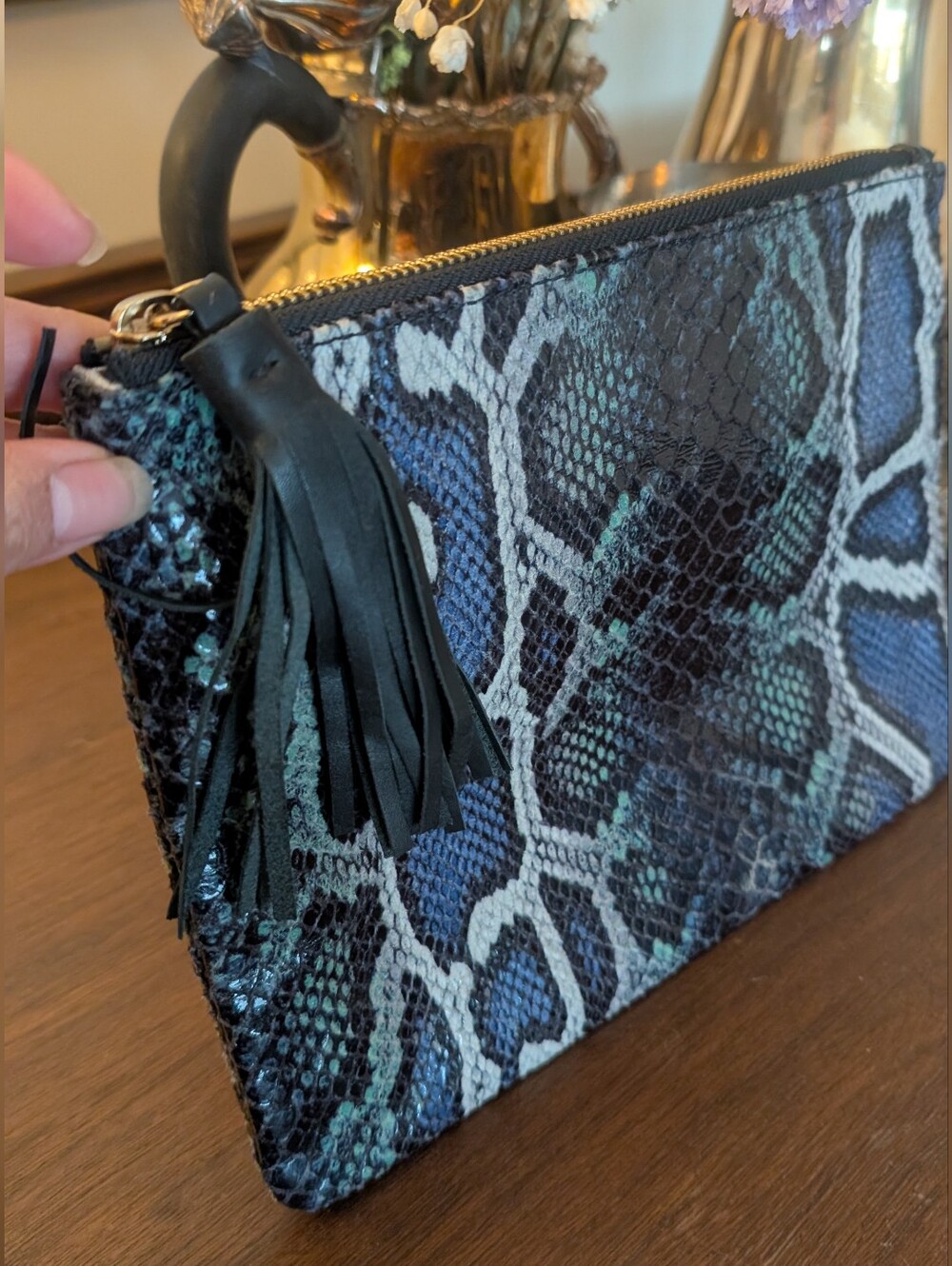 Post Snake SkinZip Clutch in Teal and Black - Picture 3 of 7